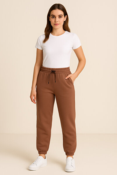 AsHK Women's Brown Winter Fleece-Lined Jogger High Waist Sweatpants with Pockets