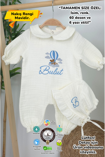 gros shop Müslin Yeni Doğan 4Katlı Organik %100Pamuk Kişiye Özgü Nakışlı Hast...