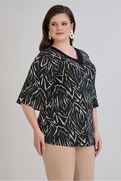 FOR ESRA BIG TREND Women's Plus Size V Neck Patterned Sleeve Flounced Stretchy Viscose Blouse