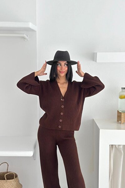 Noi Belis Oversize V-Neck Buttoned Knitwear Bottom-Top Set Aw25Au0007