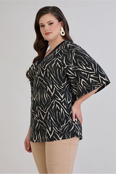 FOR ESRA BIG TREND Women's Plus Size V Neck Patterned Sleeve Flounced Stretchy Viscose Blouse