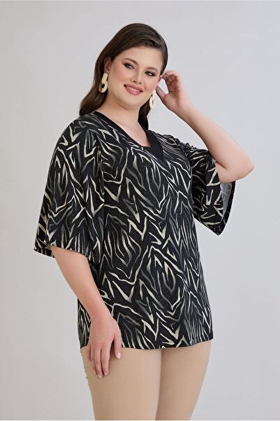 FOR ESRA BIG TREND Women's Plus Size V Neck Patterned Sleeve Flounced Stretchy Viscose Blouse