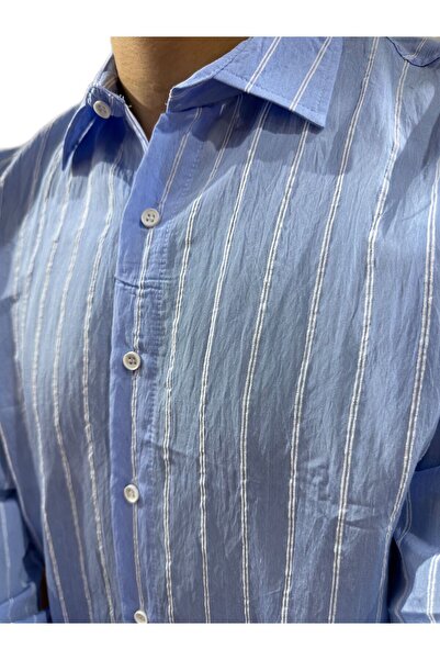 MASTIFF Çizgili Keten Spor Gömlek Mavi