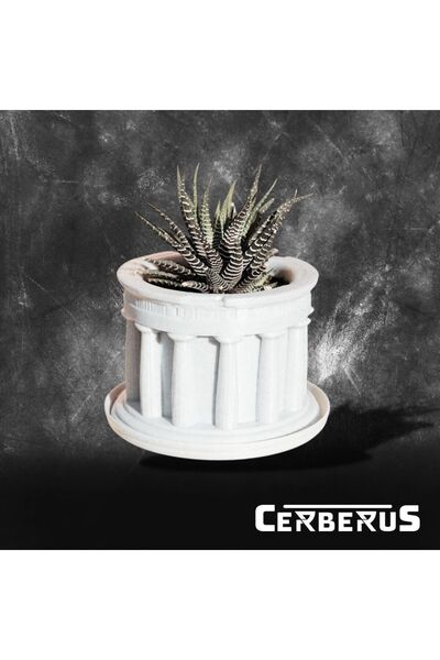 Cerberus SU TAHLİYELİ YUVARLAK BEYAZ YUNAN TAPINAĞI SAKSI VAZO KALEMLİK