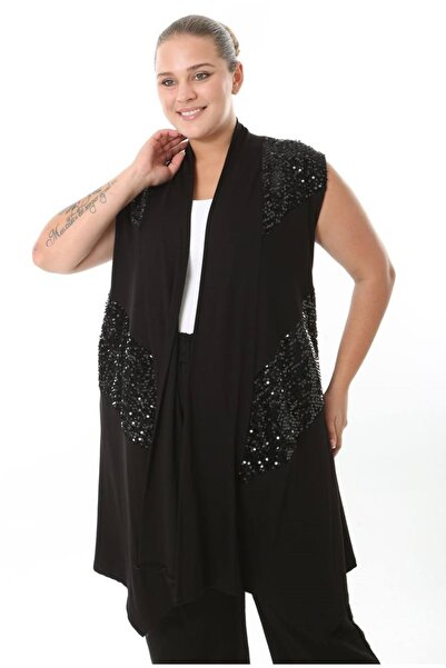 Butik Nilyam Kadın Büyük Beden Asimetrik Kesim Payet Detaylı Yelek Esnek Viskon Hırka 25005 Siyah