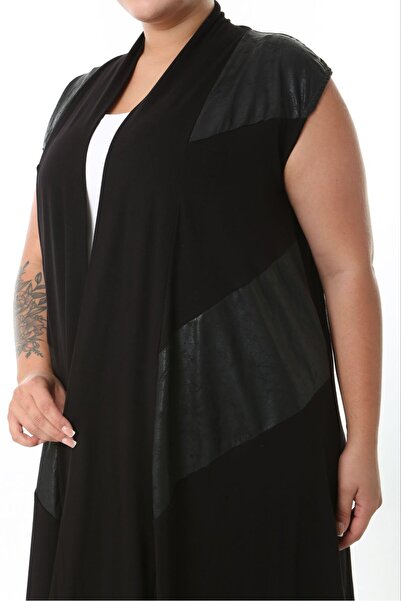 Butik Nilyam Women's Plus Size Asymmetrical Cut Leather Detailed Vest Flexible Viscose Cardigan 25005 Black