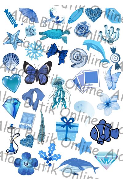 Alaa Butik Online 37'li Mavi Temalı Sticker Seti - Ajanda, Defter ve Günlük S...