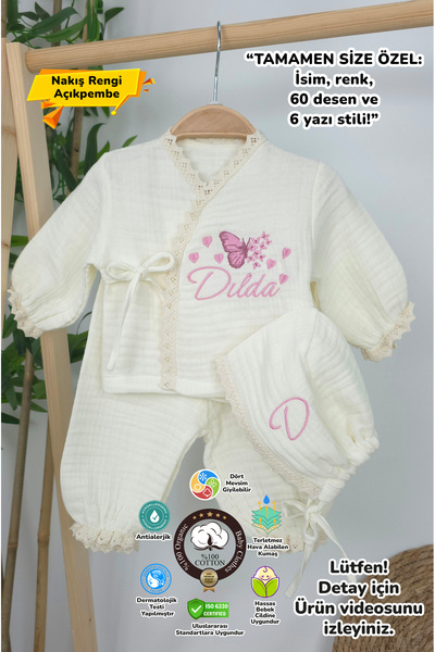 gros shop Müslin Yeni Doğan 4Katlı Organik %100Pamuk Kişiye Özgü Nakışlı Hast...