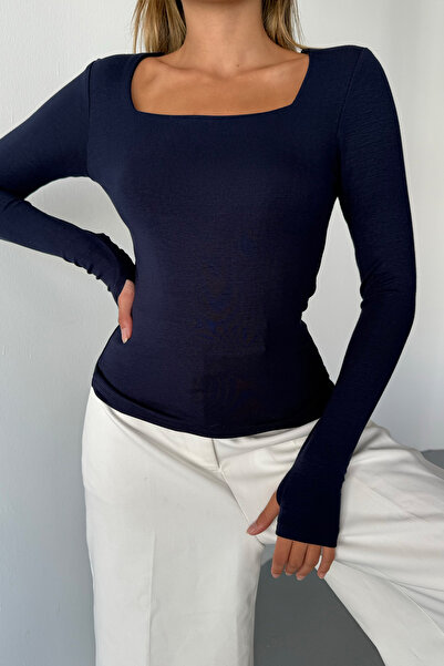 MGEStore Women's Square Neck Basic Long Sleeve Finger-Loop Modal Fabric Body Blouse