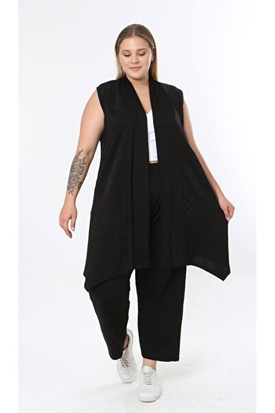 Butik Nilyam Women's Plus Size Asymmetrical Cut Vest Flexible Viscose Cardigan 25005 Black
