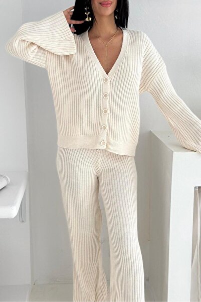 Noi Belis Oversize V-Neck Buttoned Knitwear Bottom-Top Set Aw25Au0007