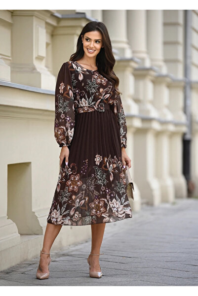 UniqueStore.ro Elegant brown midi dress with floral print and belt - One Size