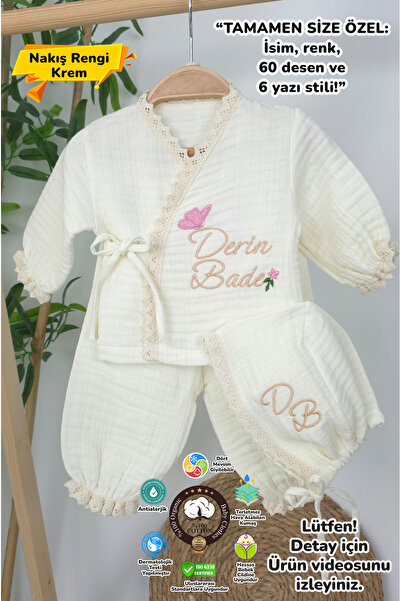 gros shop Müslin Yeni Doğan 4Katlı Organik %100Pamuk Kişiye Özgü Nakışlı Hast...