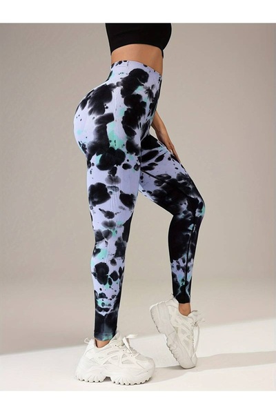 CEDAN Stretchy, Tie-Dye Pattern, Hip-Lifting Exercise Pants, Machine Washable, Sports Style