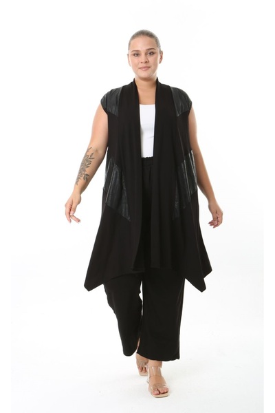 Butik Nilyam Women's Plus Size Asymmetrical Cut Leather Detailed Vest Flexible Viscose Cardigan 25005 Black