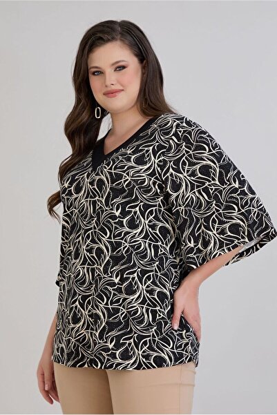 FOR ESRA BIG TREND Women's Plus Size V Neck Patterned Sleeve Flounced Stretchy Viscose Blouse