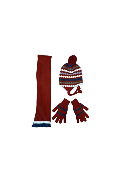 House Of Çınar 3-Piece Children's Knitwear Scarf Beanie Gloves Set (3-7 Years) - Winter Accessory Set Red