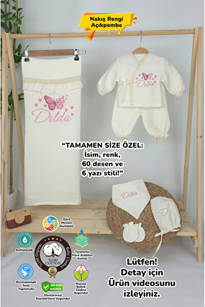 gros shop Müslin Yeni Doğan 4Katlı Organik %100Pamuk Kişiye Özgü Nakışlı Hast...