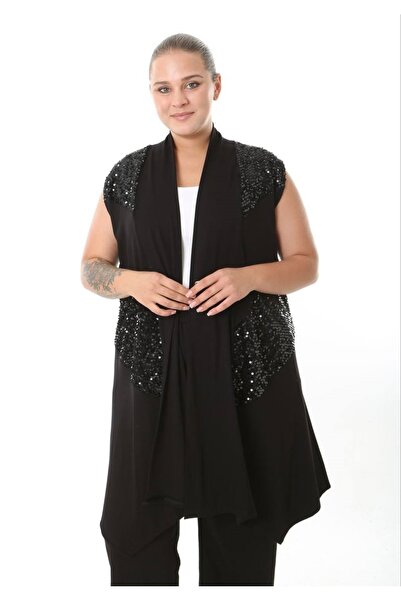 Butik Nilyam Kadın Büyük Beden Asimetrik Kesim Payet Detaylı Yelek Esnek Viskon Hırka 25005 Siyah