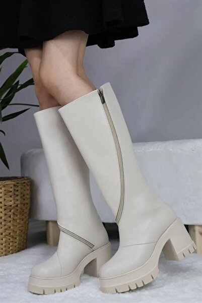 M&B COLLECT Women's Cream Leather Swivel Zipper 8 cm Platform Heeled Below-Th...