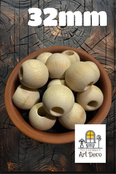 Artdeco Ξύλινες χάντρες ακατέργαστου ξύλου 32 mm (8 τεμάχια) Στρογγυλή τσάντα μακραμέ Σχέδιο ξύλινη τρύπα Διάμετρος 12 mm