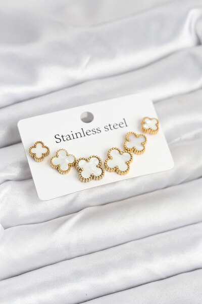Clariss 316L Steel Gold White Color 3 Size Clover Earring Set