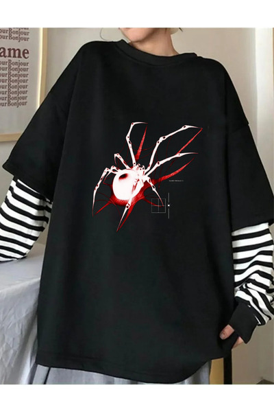Toum Dorukhedıyelık Spider Printed Unisex Fake Long Sleeve Black T-Shirt