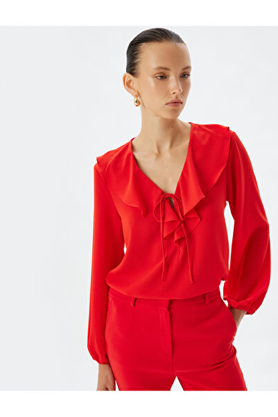 Koton Ruffled Blouse V-Neck Bow Detail Long Sleeve Crepe Fabric