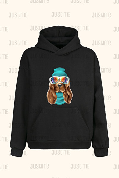 Justime سترة بقلنسوة سوداء للجنسين بتصميم Dog Front Print مع جيوب - خيطين - هودي