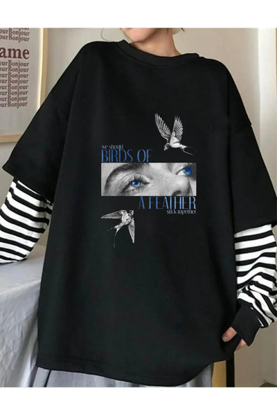 Toum Dorukhedıyelık Billie Elish Printed Unisex Fake Long Sleeve Black T-Shirt