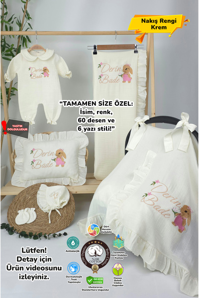 gros shop Müslin Yeni Doğan 4Katlı Organik %100Pamuk Kişiye Özgü Nakışlı Hast...