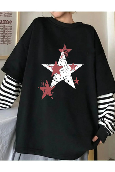 Toum Dorukhedıyelık Star Printed Unisex Fake Long Sleeve Black T-Shirt