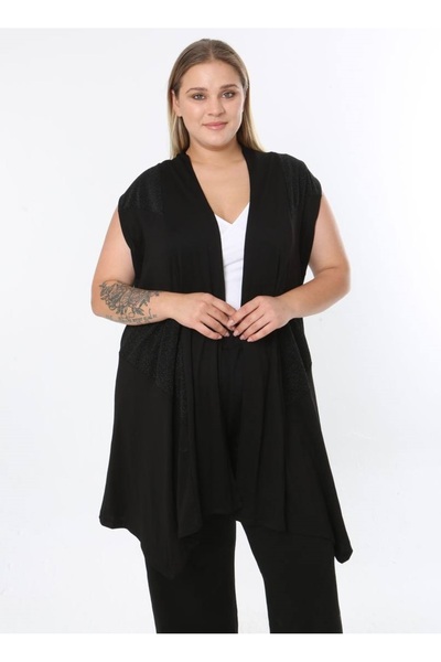 Butik Nilyam Women's Plus Size Asymmetrical Cut Vest Flexible Viscose Cardigan 25005 Black