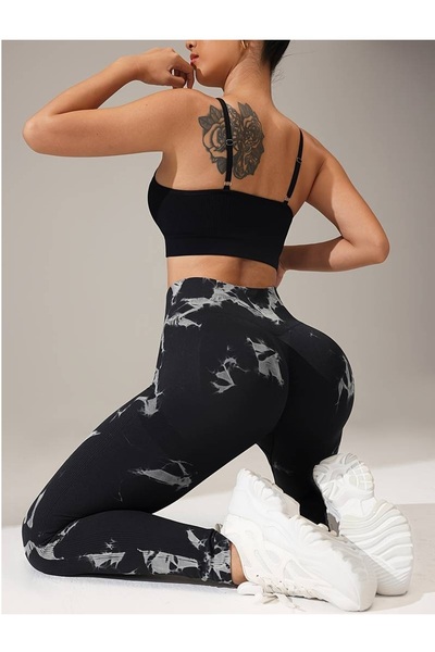 CEDAN Stretchy, Tie-Dye Pattern, Hip-Lifting Exercise Pants, Machine Washable, Sports Style