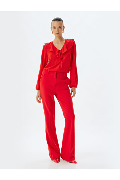 Koton Ruffled Blouse V-Neck Bow Detail Long Sleeve Crepe Fabric