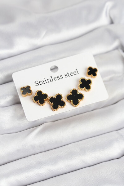 Clariss 316L Steel Gold Black Color 3 Size Clover Earring Set