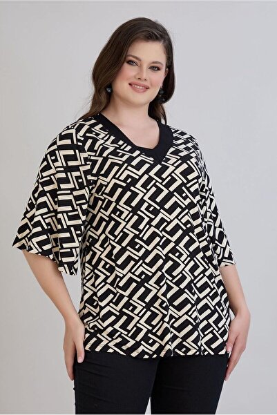 FOR ESRA BIG TREND Women's Plus Size V Neck Patterned Sleeve Flounced Stretchy Viscose Blouse