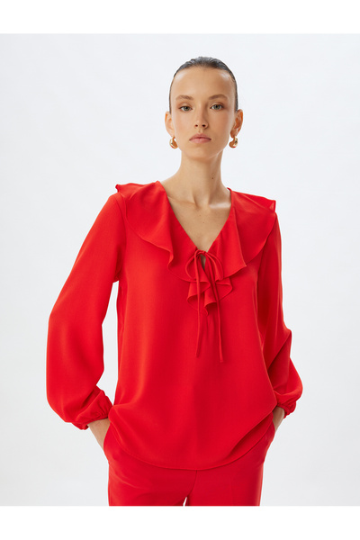 Koton Ruffled Blouse V-Neck Bow Detail Long Sleeve Crepe Fabric