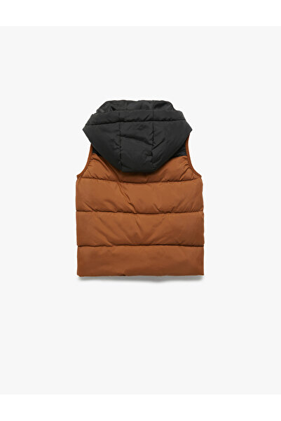 Koton Color Block Pocket Label Detail Zipper Hooded Sleeveless Puffer Vest