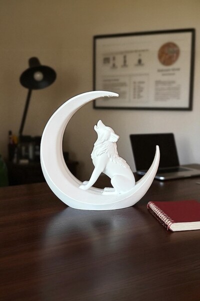 asl3d Dekoratif Kurt ve Ay Figürü Modern Masaüstü Ev ve Ofis Süsü 11x11 cm Beyaz