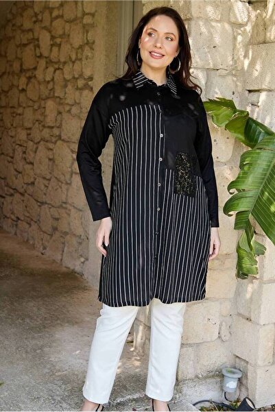 FOR ESRA BIG TREND Women's Plus Size Block Striped Chest Sequin Detail Long Sleeve Viscose Woven Tunic Shirt