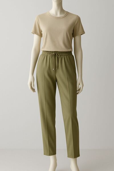AYHAN AYDIN Women's Light Green Elastic Waist Ankle Length Double Fabric Pants