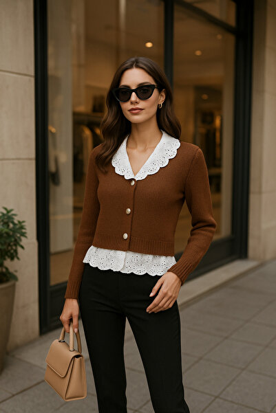 DAMGA Collection Pearl Buttoned Brown Lace Detailed Knitwear Cardigan