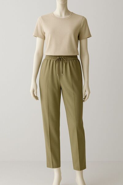AYHAN AYDIN Women's Light Green Elastic Waist Ankle Length Double Fabric Pants