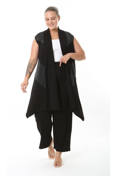 Butik Nilyam Women's Plus Size Asymmetrical Cut Glitter Detailed Vest Flexible Viscose Cardigan 25005 Black
