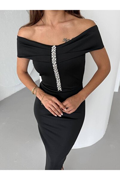 asyadabutik Kadın İthal Kumaş Kayık Yaka Taş Detay Abiye Elbise