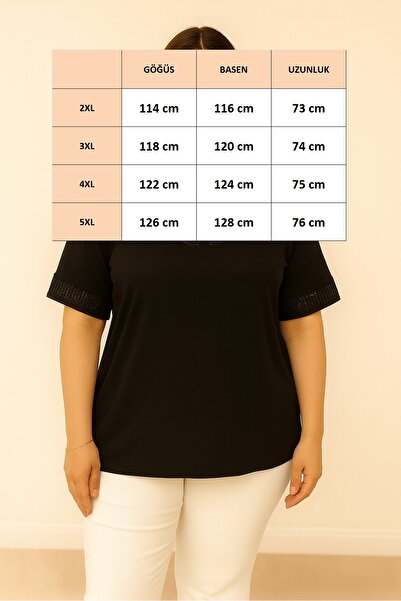 FOR ESRA BIG TREND Women's Plus Size Sleeve and Neck Sequin Detail V-Neck Short Sleeve Viscose Blouse