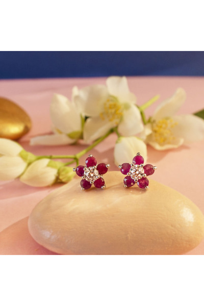 Silver berry S925 Flower of Eden Earrings decorated with Ruby and Simulated Diamonds