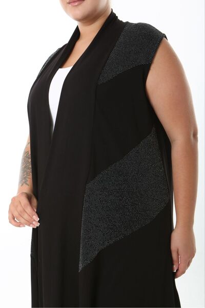 Butik Nilyam Women's Plus Size Asymmetrical Cut Glitter Detailed Vest Flexible Viscose Cardigan 25005 Black