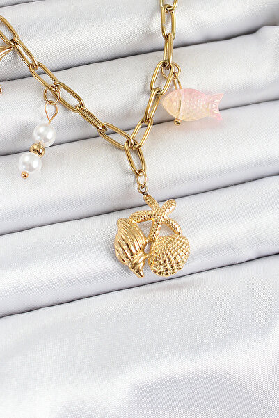 Epilons 316L Steel Gold Color Sea Star & Seashell Concept Women Necklace - Tj...